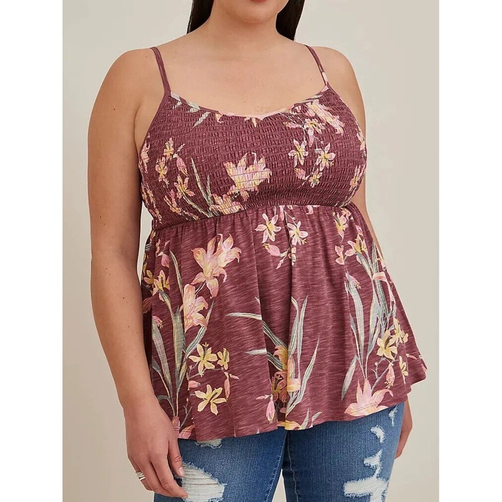 Torrid‎ Burgundy Floral Smocked Babydoll Cami Top Plus Size 0 Tropical Lily Slub